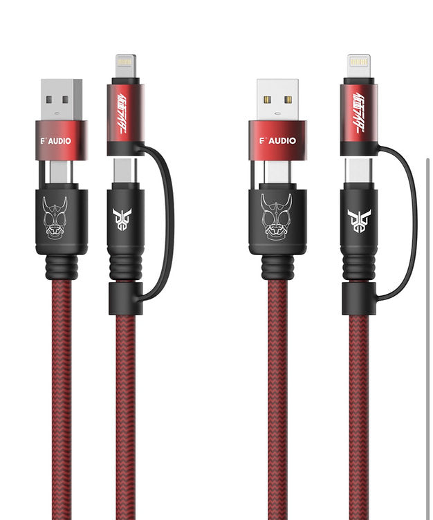 E AUDIO x Kamen Rider 4in1 100W Fast Charging Cable – TYPE‑C & Lightning Modular, 40/100/200/300cm Limited Edition (Black/Green/Red)