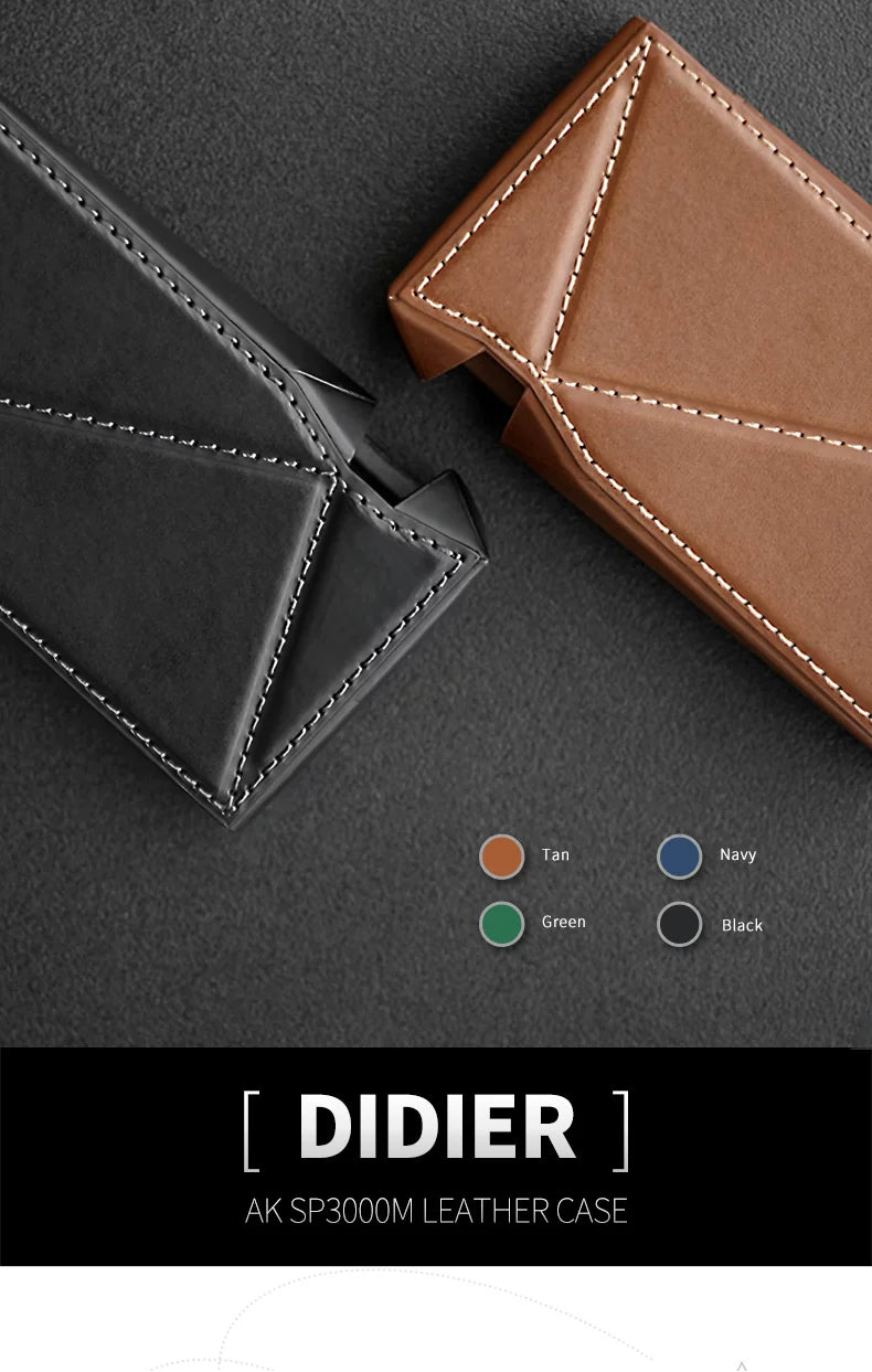 Dignis case for AK SP3000M Two leather cases, one black and one brown, on a dark surface with 'Dignis' branding.