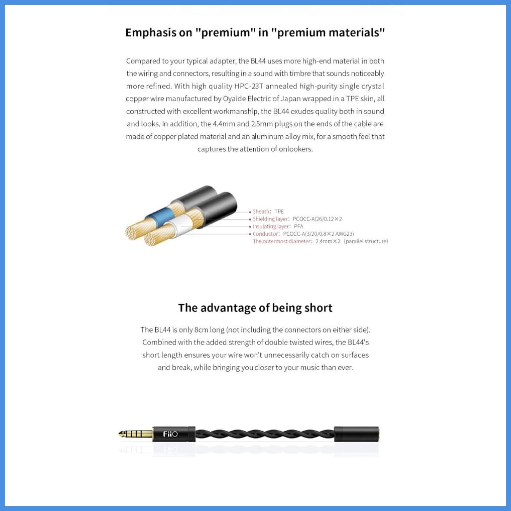 Fiio Bl44 4.4Mm Male Balanced Trrrs To 2.5Mm Female Trrs Adapter 8Cm