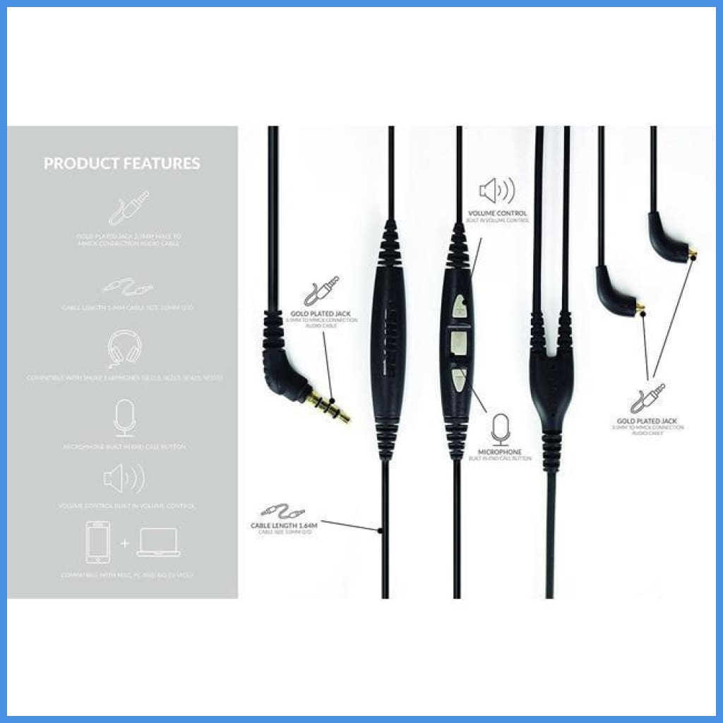 Shure Cbl-M+-K-Efs Mmcx Cable With In-Line Remote And Mic For 3.5Mm Earphones Upgrade