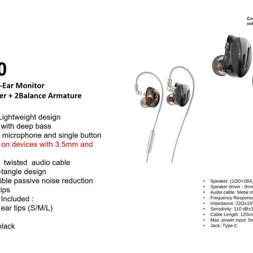 Nakamichi MV300 Triple Driver IEM Earphones 3.5mm USB-C