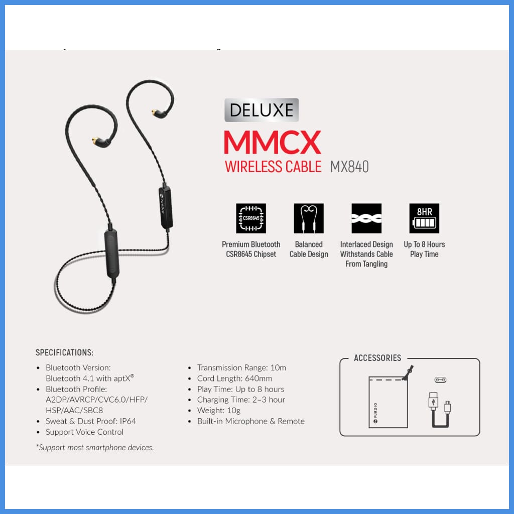 Purdio Deluxe Mx840 Wireless Bluetooth Cable For Mmcx Upgrade Cable